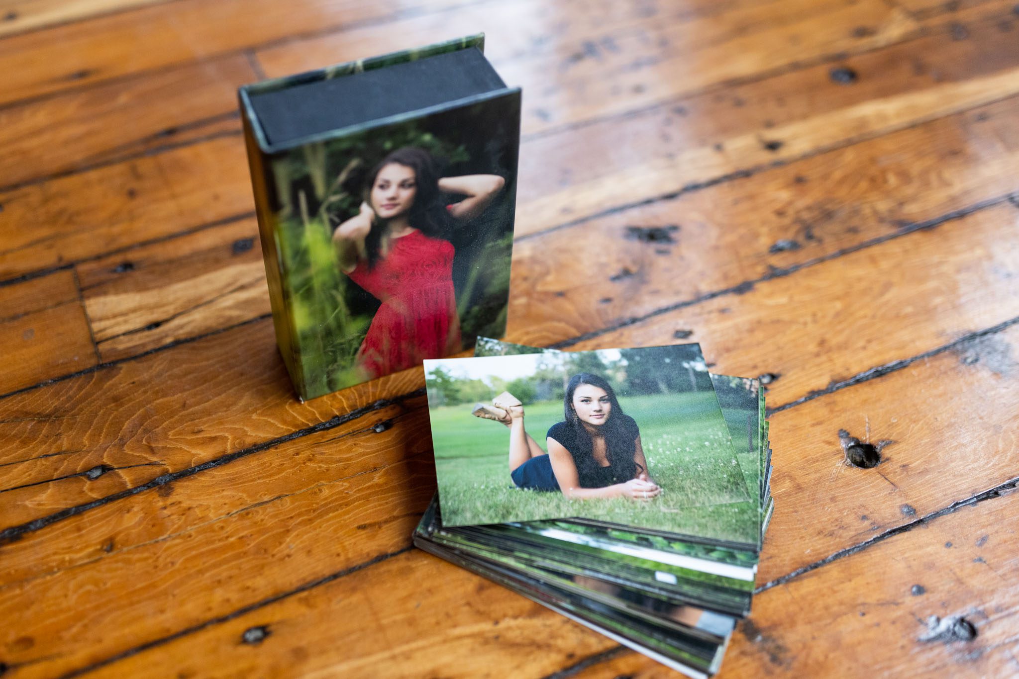 Custom printed photo box for high school senior portrait prints photographed by Sean Wytrwal of J&S Photography near Boston Massachusetts
