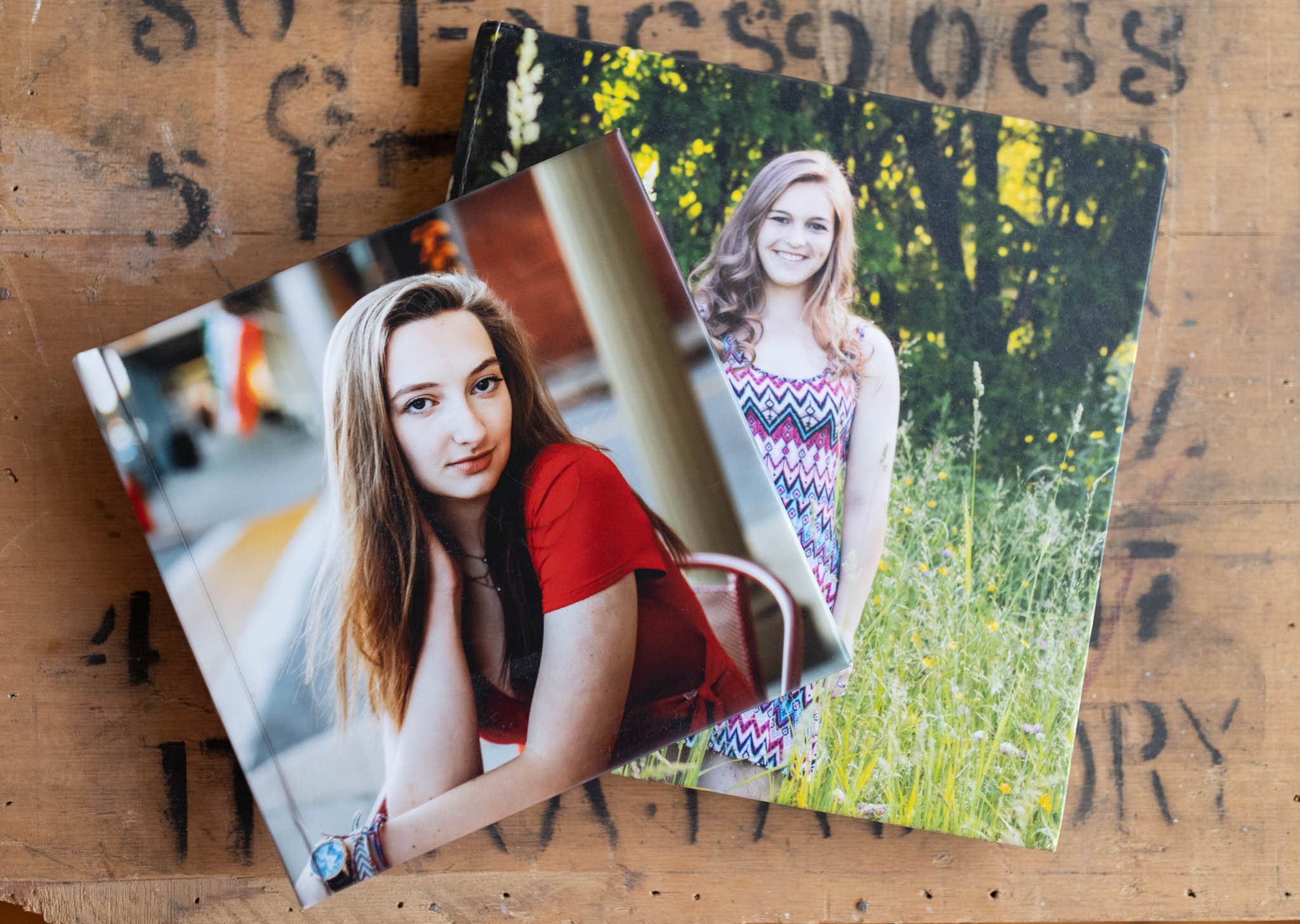 Custom printed photo album covers for high school senior portraits photographed by Sean Wytrwal of J&S Photography near Boston, Massachusetts